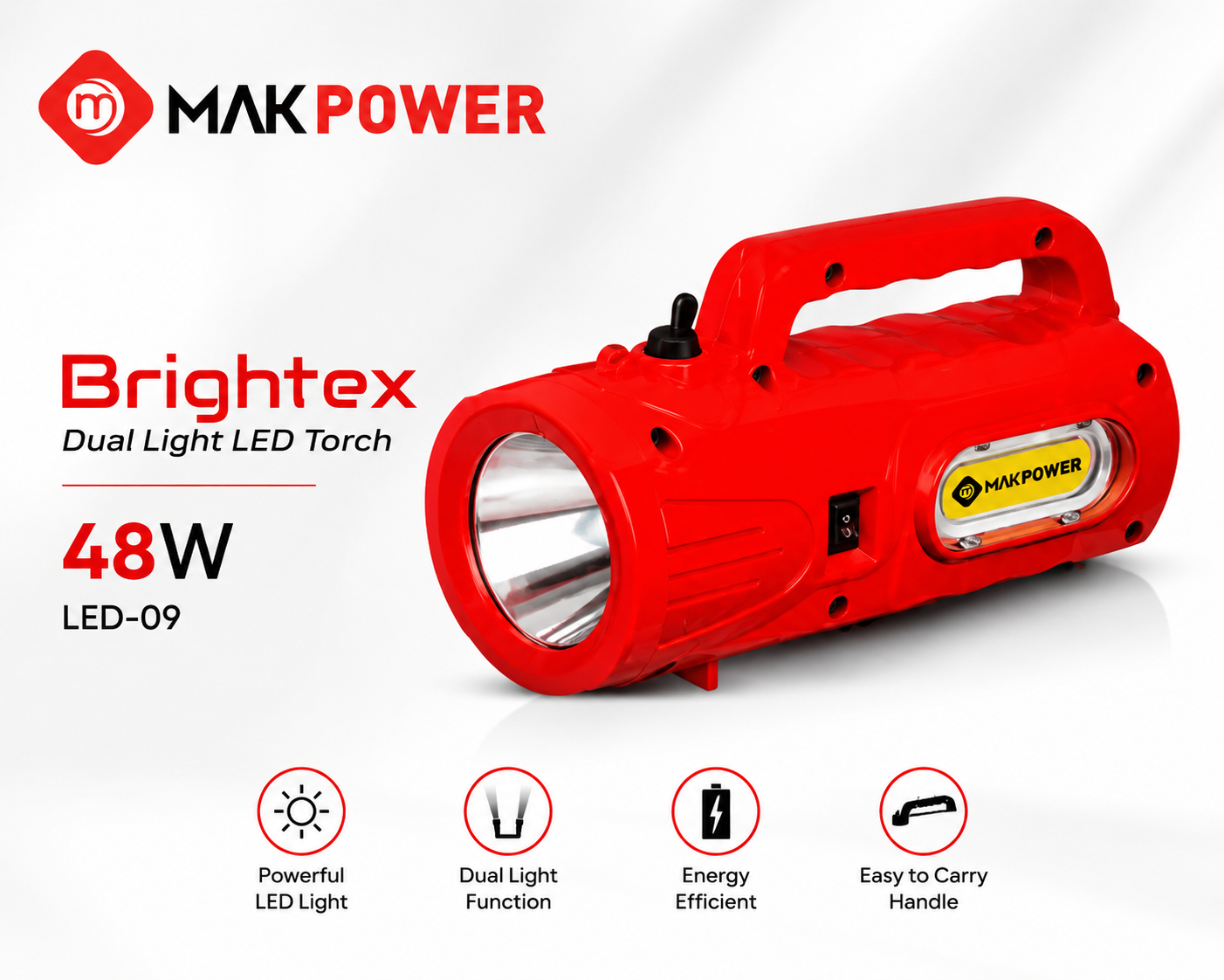 MAKPOWER Brightex 48W Dual Light Rechargeable LED Torch  High Power Emergency Search Light  Portable Handle Torch (LED-09) with USB Charging port
